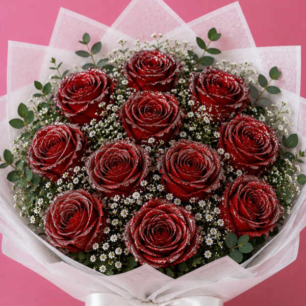 Bouquet of red roses with white filler flowers and a white ribbon wrap