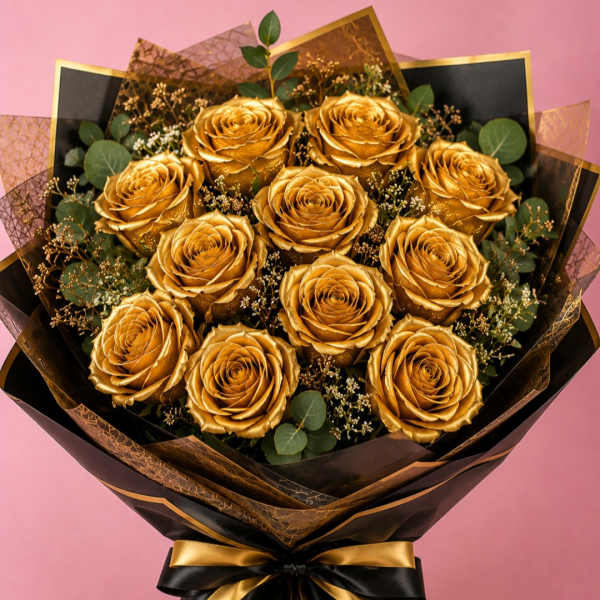 Bouquet of gold roses wrapped in black and gold paper with a ribbon