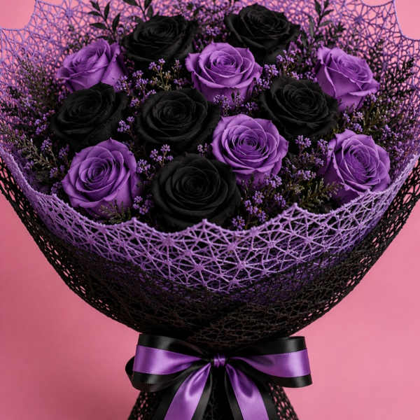 Bouquet of black and purple roses wrapped in black mesh with a purple ribbon