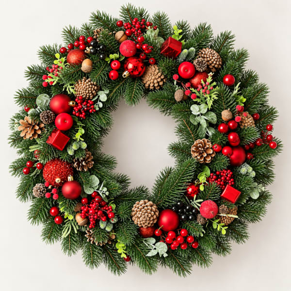 Christmas wreath with pine, red ornaments, berries, and pinecones