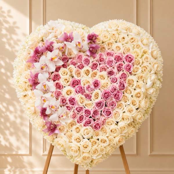 Heart-shaped floral arrangement of cream and pink roses with orchids on an easel