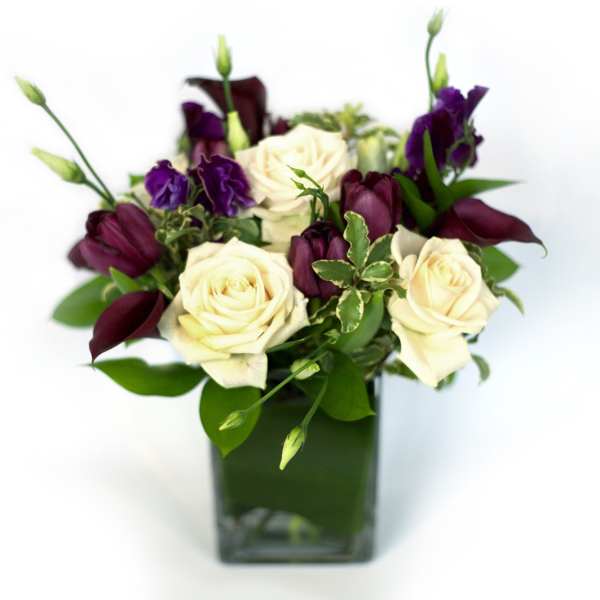 Bouquet of cream roses and deep purple flowers in a square glass vase