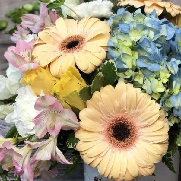 Bouquet with peach gerbera daisies, blue hydrangeas, and pink alstroemeria