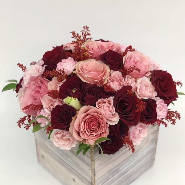Large Wood box arrangement Red & Pink