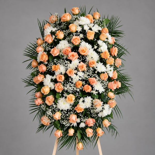 Peach roses and white flowers arranged on a standing easel spray