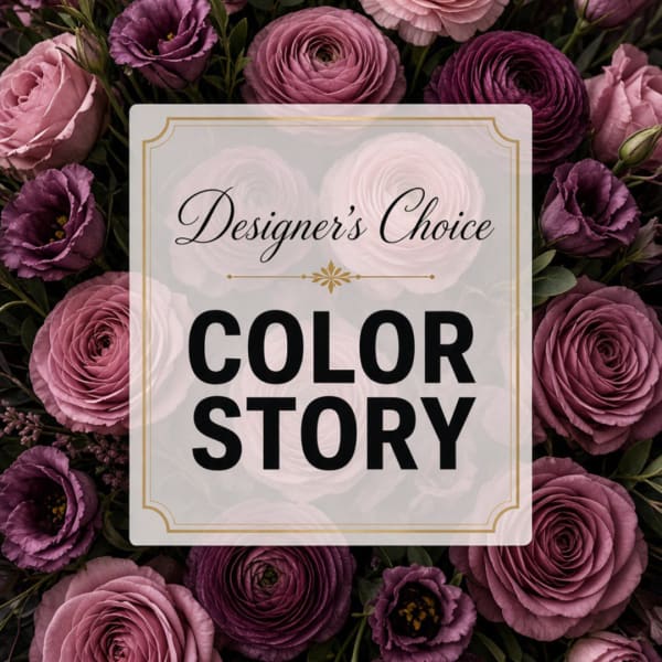 Purple and pink roses with a centered "Designer’s Choice Color Story" card