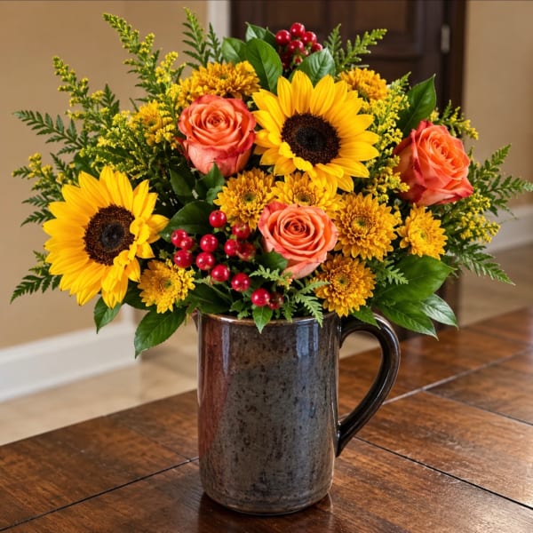 Bouquet of sunflowers, peach roses, and yellow mums in a dark ceramic mug