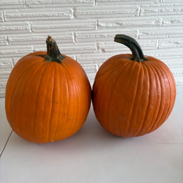 Two orange pumpkins on a white surface against a textured wall