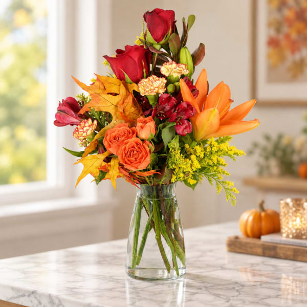 Autumn bouquet of red roses, orange lilies, and yellow filler in a glass vase
