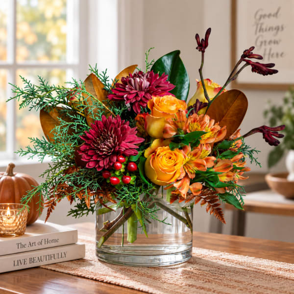 Bouquet of orange and burgundy flowers in a clear glass vase