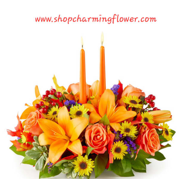 A vibrant fall centerpiece