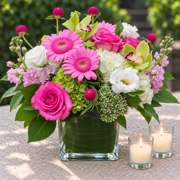 Pink and white mixed bouquet in a square glass vase with two candles nearby