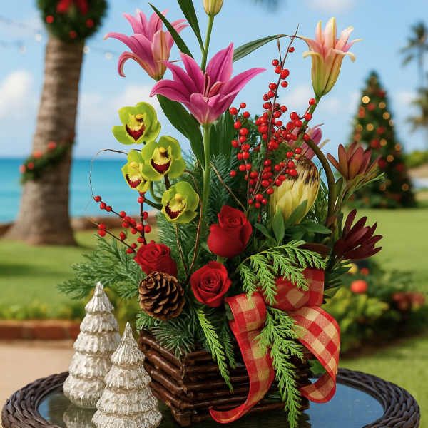 Holiday arrangement with lilies, red roses and green orchids in a wooden box with plaid bow