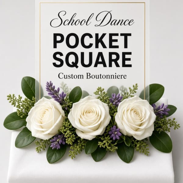 White rose boutonniere with purple accents on a pocket square display
