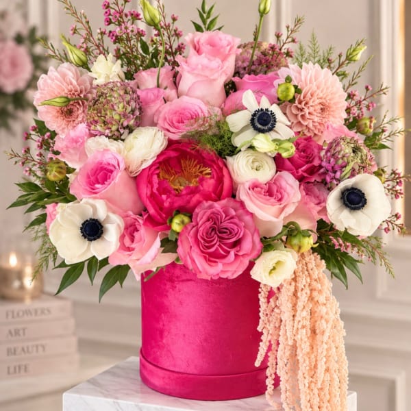 Pink and white floral arrangement in a bright pink hat box