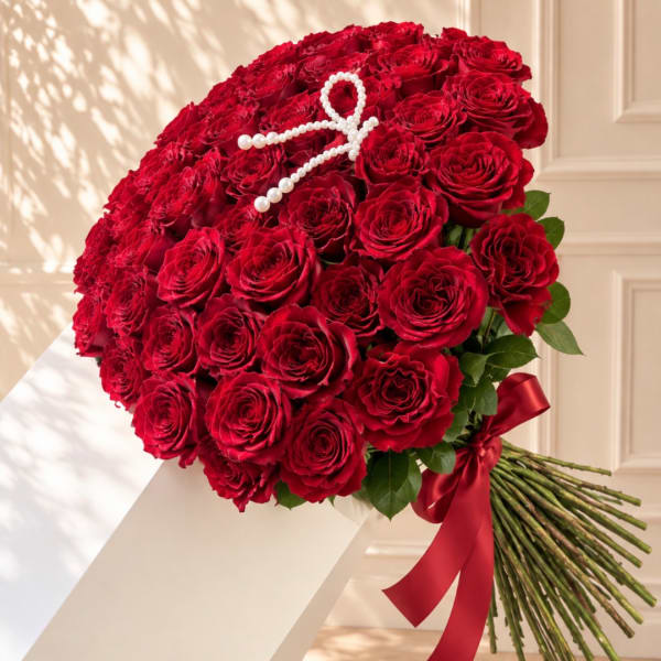 Large bouquet of red roses with a pearl ribbon and red satin bow
