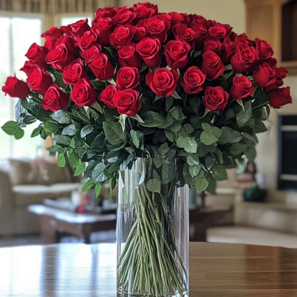 Large bouquet of red roses in a clear glass vase