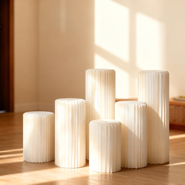 Set of white pleated cylindrical pedestals in a sunlit room