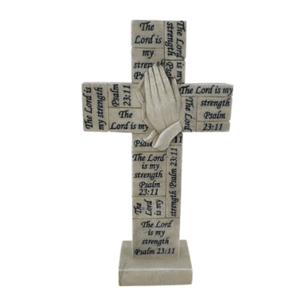 Decorative cross with a praying hands ornament and Psalm 23:11 text