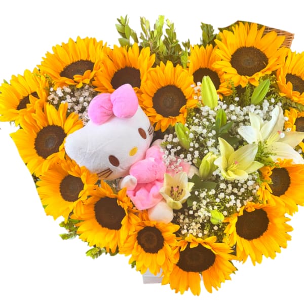 Heart-shaped bouquet of sunflowers with a Hello Kitty plush and white lilies