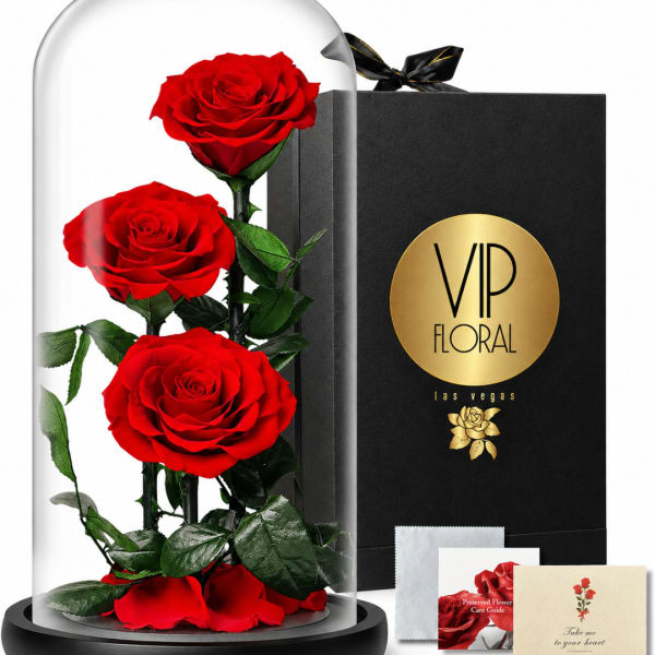 Three red roses under a glass dome beside a black gift box