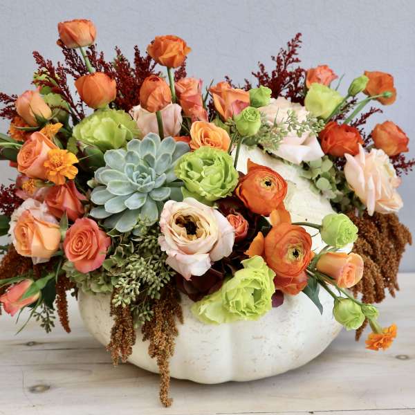 Low pumpkin arrangement with orange and peach roses, ranunculus, green flowers, and a central succulent