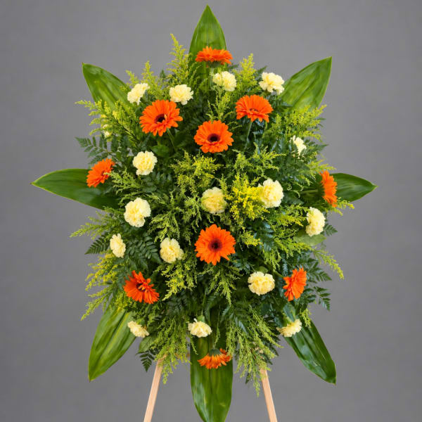 Standing floral spray with orange gerbera daisies and pale yellow carnations