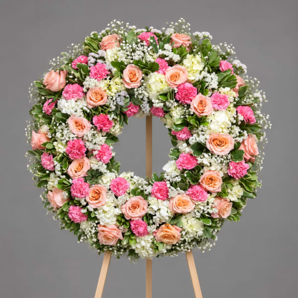 Round floral wreath on a wooden stand with pink, peach, and white flowers
