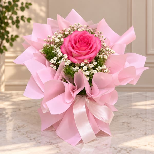 Pink rose bouquet wrapped in pale pink paper with a satin ribbon