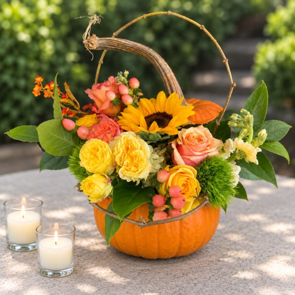 Pumpkin flower arrangement with sunflowers and roses in a basket handle