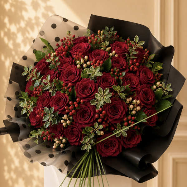 Bouquet of red roses with berry accents in black and polka-dot wrap