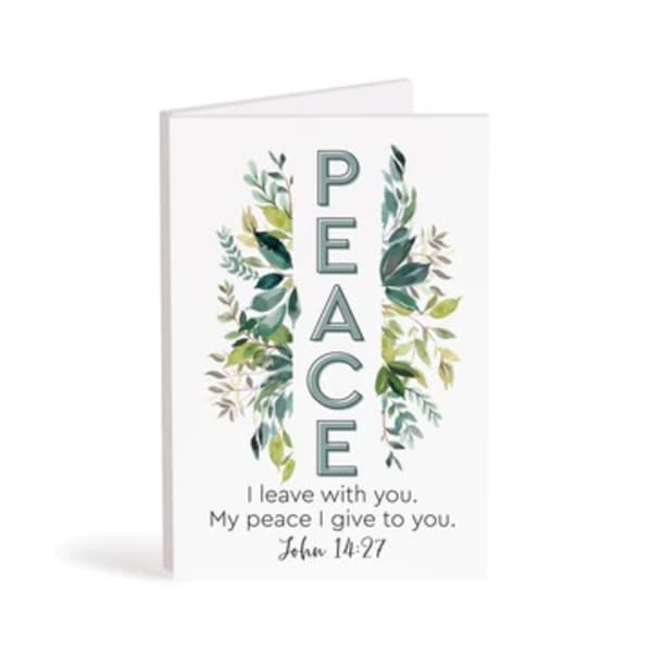 Greeting card with the word PEACE and leafy watercolor branches