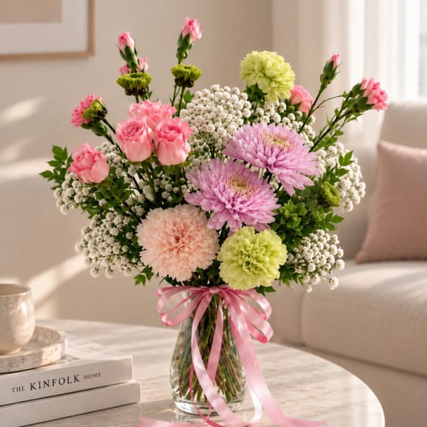 Pink and lavender mixed bouquet in a clear glass vase with a pink ribbon