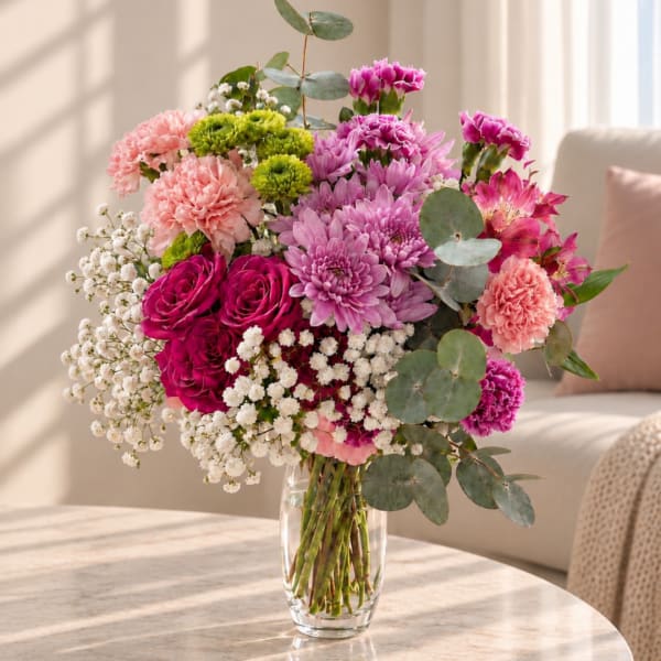 Pink and purple mixed bouquet in a clear glass vase
