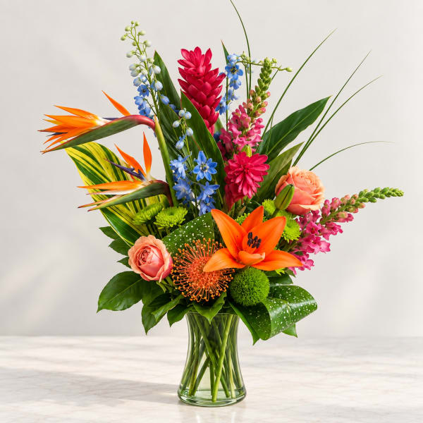Tropical bouquet in a clear glass vase with orange lilies and pink blooms