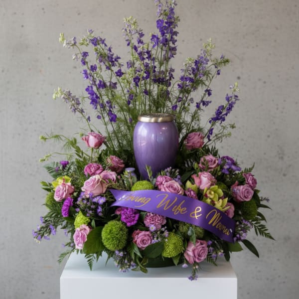 Purple and pink floral arrangement with a memorial urn and ribbon