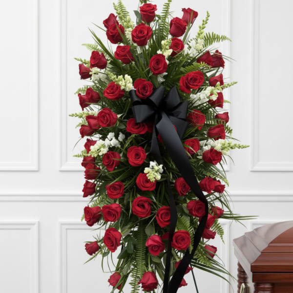 Standing spray of red roses with white accents and a black ribbon