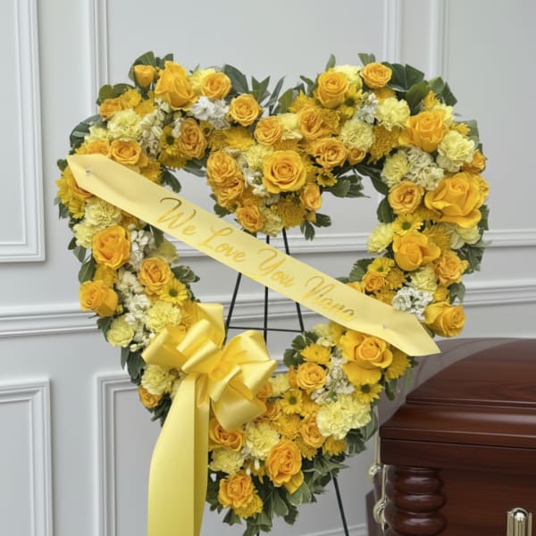 Yellow heart-shaped floral wreath with a sympathy ribbon on a stand