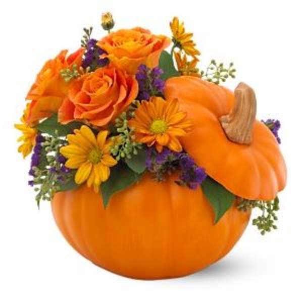 Orange roses and daisies arranged in a pumpkin container