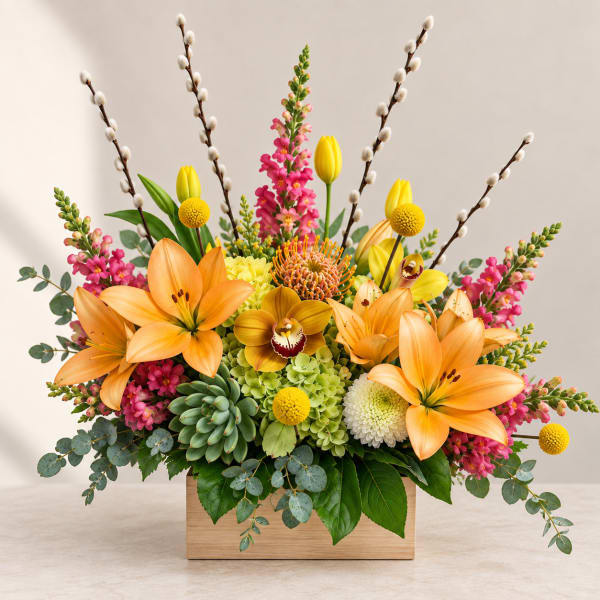 Orange lilies and pink blooms arranged in a wooden box with pussy willow branches.