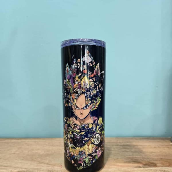 Black tumbler with colorful anime character artwork