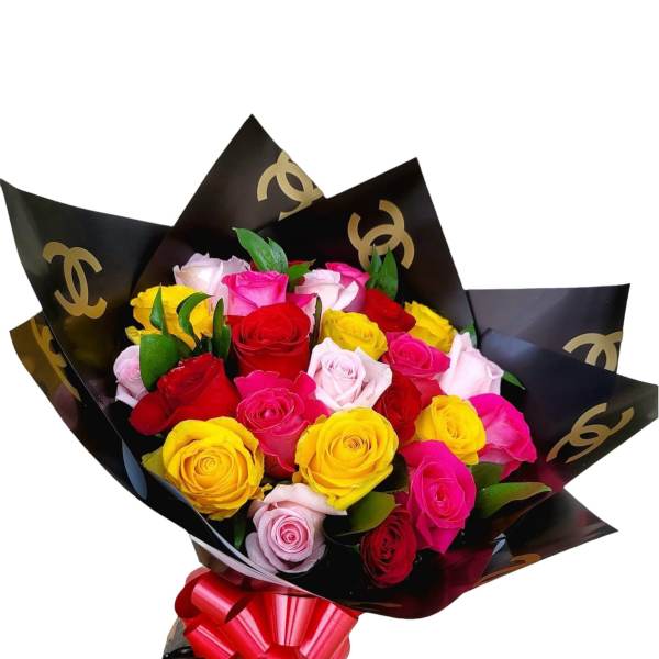 Bouquet of multicolored roses wrapped in black paper with a red bow