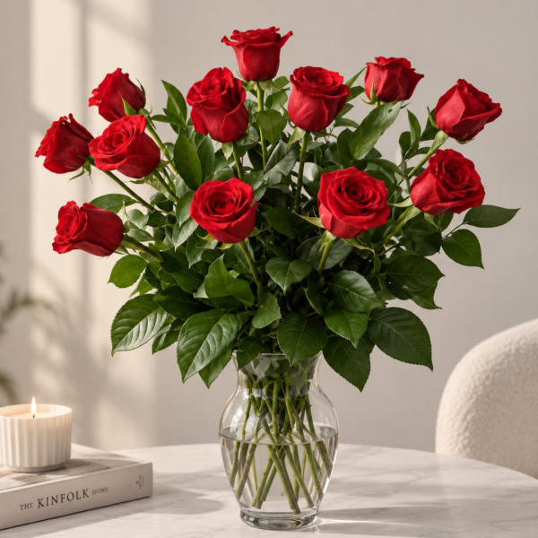 Red roses in a clear glass vase on a table