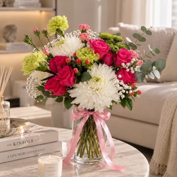 Pink roses and white chrysanthemums in a glass vase with a pink ribbon