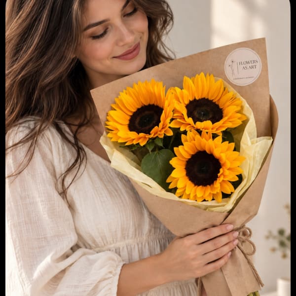 Woman holding a bouquet of sunflowers wrapped in brown paper