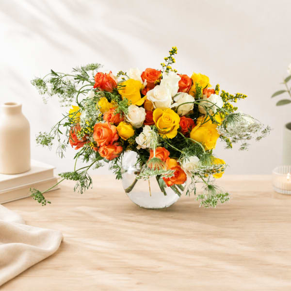 Bouquet of yellow, orange, and white roses in a clear glass vase