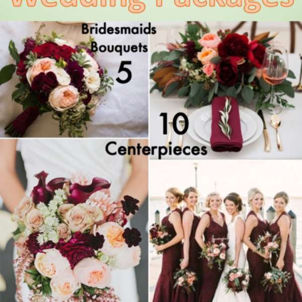 Wedding package collage showing bridal and bridesmaid bouquets and centerpieces