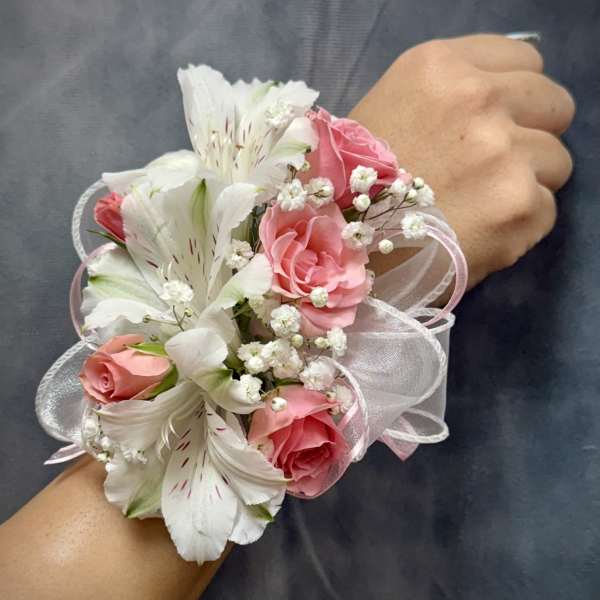 White alstroemerias pink spray roses corsage
