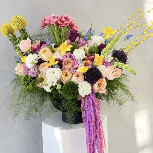 Colorful mixed flower arrangement in a black vase with trailing purple blooms