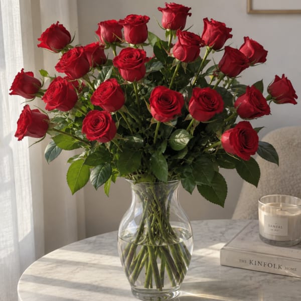 Red roses arranged in a clear glass vase on a table